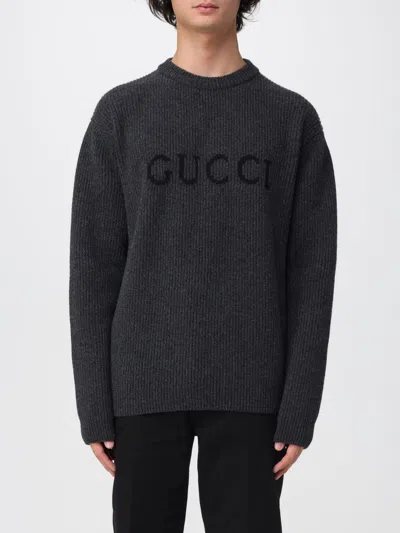 Gucci Grey Crewneck Sweater With Logo Lettering Embroidery On The Front In Wool Man In Gray