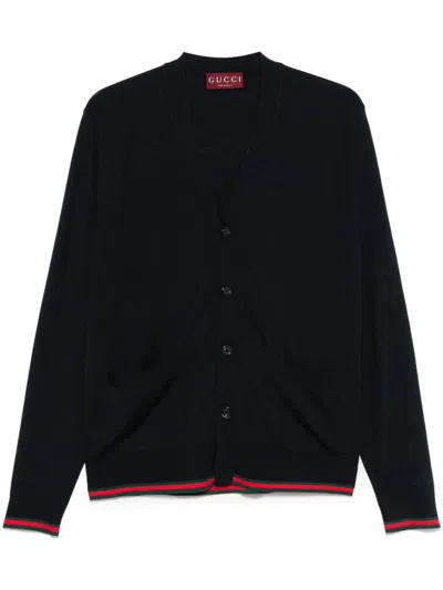 Gucci Knitted Wool Cardigan With Web Pattern In Black