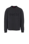 Gucci Grey Crewneck Sweater With Logo Lettering Embroidery On The Front In Wool Man In Animal Print