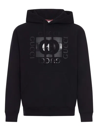 Gucci Men Black Sweatshirt With Hood With Drawstring And Front Logo In Cotton Man In Multi