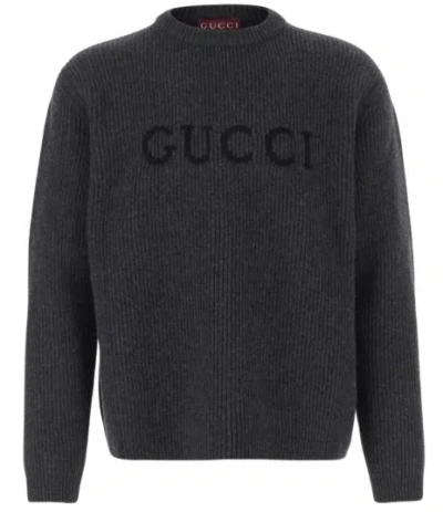 Gucci Logo-embroidered Ribbed Sweater In Gray