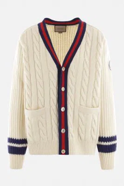 Gucci Web Stripe Cable-knit Wool Cardigan In White