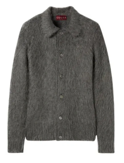 Gucci Men Grey Cardigan With Classic Collar And Brushed Effect In Mohair Blend Woman In Gray
