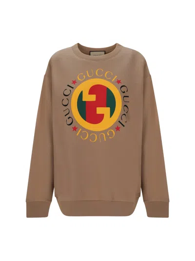 Gucci Logo Crewneck Sweatshirt In Camel