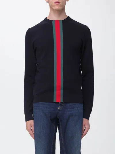 Gucci Striped Cotton Crew-neck Jumper With Web Detail In Blue