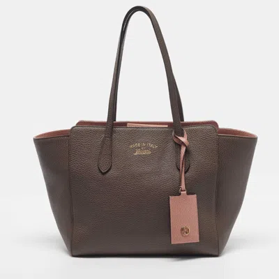 Pre-owned Gucci Swing Small Dark Beige Leather Tote In Sand