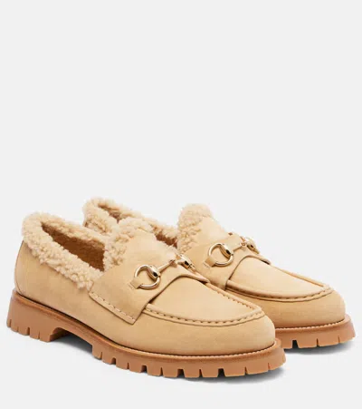 Gucci Sylke Shearling-trimmed Suede Loafers In Sand
