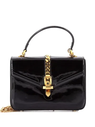 Pre-owned Gucci Sylvie 1969 Top Handle Bag Patent Mini Satchel In Black
