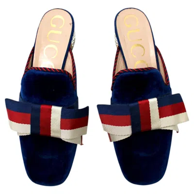 Pre-owned Gucci Sylvie Blue Velvet Striped Bow Mules With Crystal Block Heels