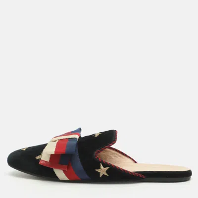 Pre-owned Gucci Sylvie Bow Size 39.5 Midnight Blue Bee Embroidered Velvet Mules