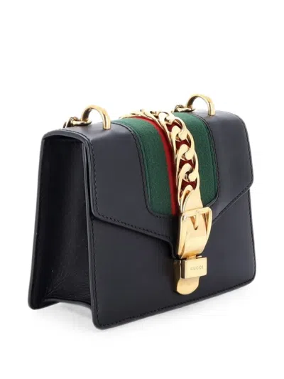 Pre-owned Gucci Sylvie Chain Shoulder Bag Leather Mini Crossbody Bag In Black