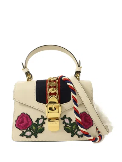 Pre-owned Gucci Sylvie Floral-embroidered Leather Tote Bag In Neutral
