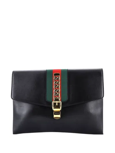 Pre-owned Gucci Sylvie Leather Maxi Clutch Bag In Black