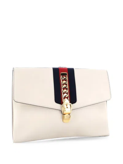 Pre-owned Gucci Sylvie Leather Maxi Clutch Bag In White