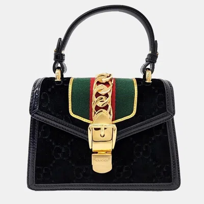 Pre-owned Gucci Black Velvet And Leather Mini Sylvie Top Handle Bag