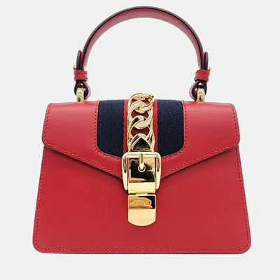 Pre-owned Gucci Red Leather Mini Sylvie Top Handle Bag