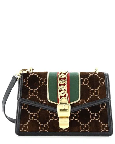 Gucci Sylvie Shoulder Bag Gg Velvet Small (authentic Pre-loved) In Brown
