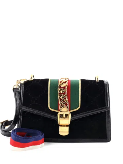 Pre-owned Gucci Sylvie Shoulder Bag Gg Velvet Small Crossbody Bag In Black