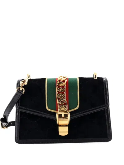 Pre-owned Gucci Sylvie Shoulder Bag Gg Velvet Small Crossbody Bag In Black