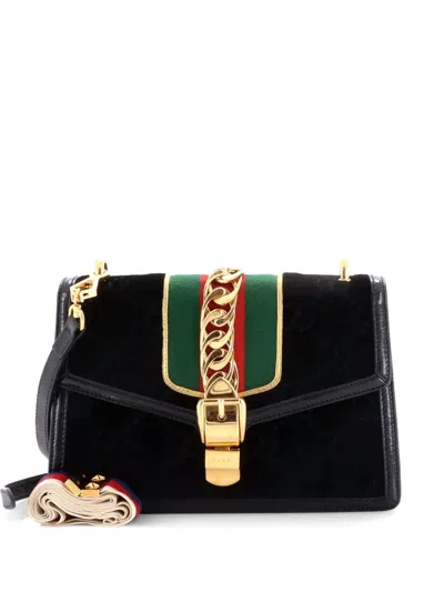 Pre-owned Gucci Sylvie Shoulder Bag Gg Velvet Small Crossbody Bag In Black
