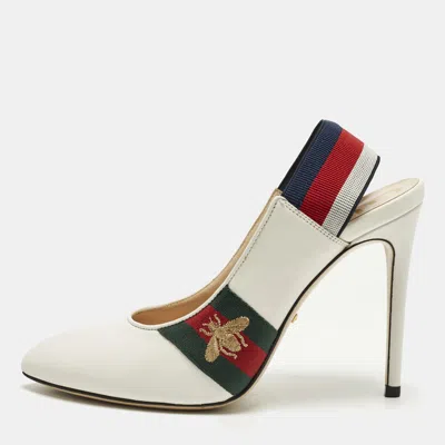 Pre-owned Gucci Sylvie Size 38 White Leather Web Detail Pointed Toe Slingback Pumps