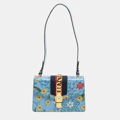 Pre-owned Gucci Sylvie Small Blue Floral Print Leather Shoulder Bag