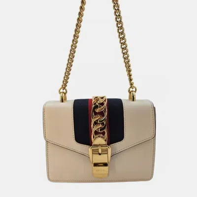 Pre-owned Gucci Sylvie Small Offwhite Leather Web Chain Shoulder Bag In White