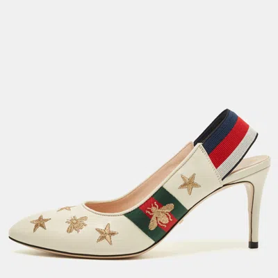 Pre-owned Gucci Sylvie Star Bee Size 38 White Leather Slingback Pumps