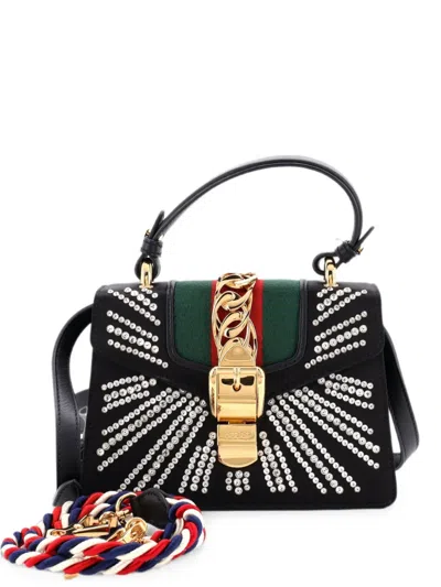 Pre-owned Gucci Sylvie Top Handle Bag Crystal Embellished Satin Mini Satchel In Black