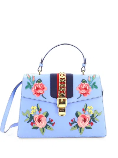 Pre-owned Gucci Sylvie Top Handle Bag Embroidered Leather Medium Satchel In Blue