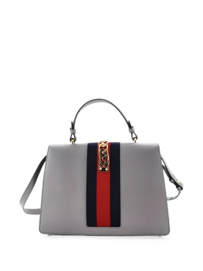 Pre-owned Gucci Sylvie Top Handle Bag Embroidered Leather Medium Satchel In Grey