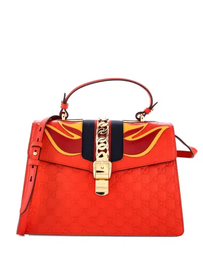 Pre-owned Gucci Sylvie Top Handle Bag Ssima Leather With Applique Medium Satchel In Red
