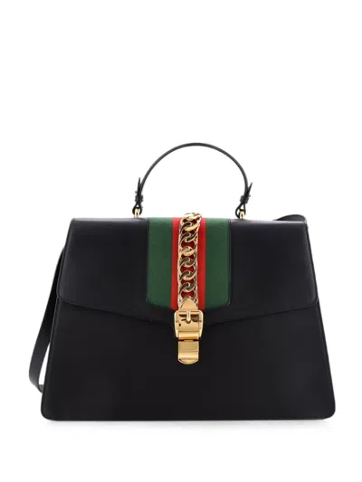 Pre-owned Gucci Sylvie Top Handle Bag Leather Large Satchel In Black
