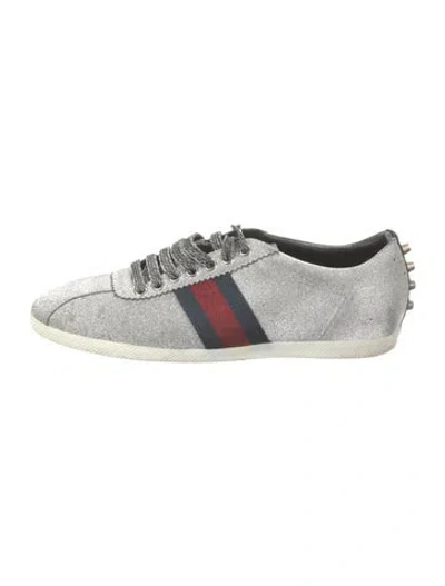 Pre-owned Gucci Sylvie Web Accent Glitter Sneakers In Silver