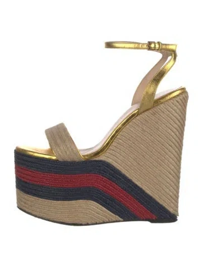 Pre-owned Gucci Sylvie Web Accent Jute Espadrilles In Gold/neutrals