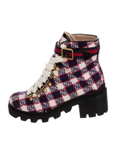 Pre-owned Gucci Sylvie Web Accent Lace-up Boots In Blue/red