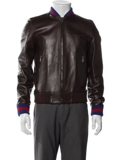 Pre-owned Gucci Sylvie Web Accent Lamb Leather Bomber Jacket In Brown