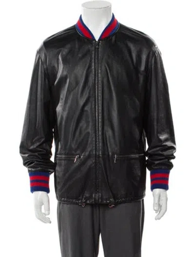 Pre-owned Gucci Sylvie Web Accent Leather Bomber Jacket In Black
