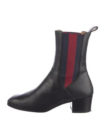 Pre-owned Gucci Sylvie Web Accent Leather Chelsea Boots In Black