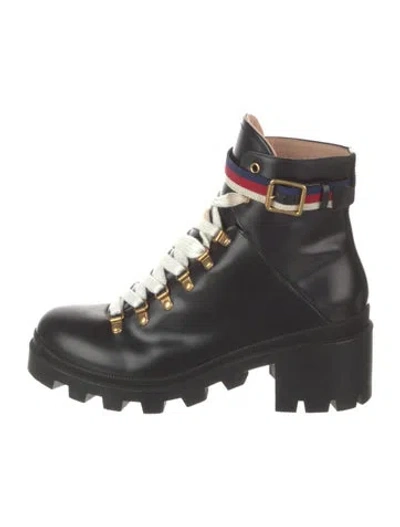 Pre-owned Gucci Sylvie Web Accent Leather Combat Boots In Black