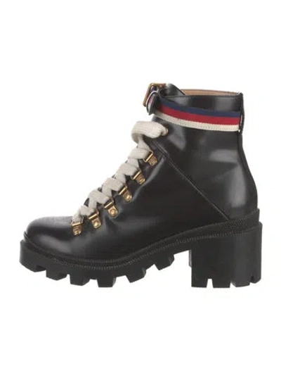 Pre-owned Gucci Sylvie Web Accent Leather Combat Boots In Black