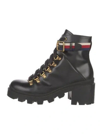 Pre-owned Gucci Sylvie Web Accent Leather Combat Boots In Black
