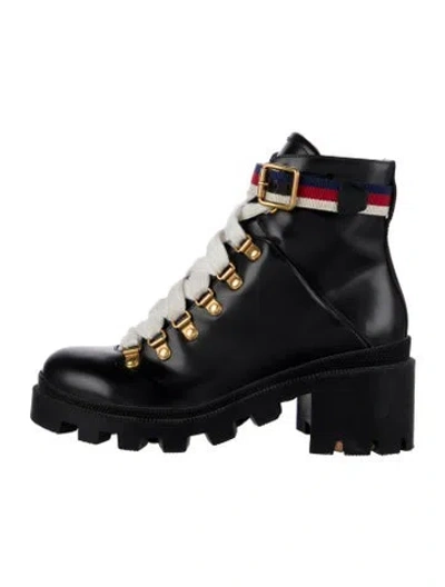 Pre-owned Gucci Sylvie Web Accent Leather Combat Boots In Black