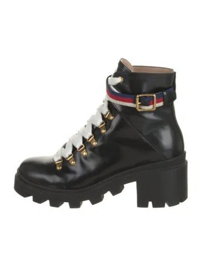Pre-owned Gucci Sylvie Web Accent Leather Combat Boots In Black