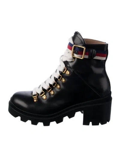 Pre-owned Gucci Sylvie Web Accent Leather Combat Boots In Black
