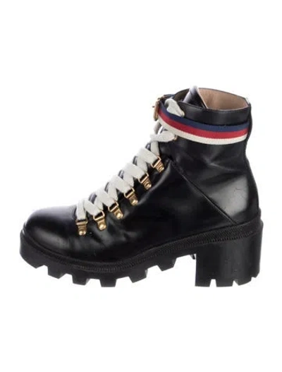 Pre-owned Gucci Sylvie Web Accent Leather Combat Boots In Black