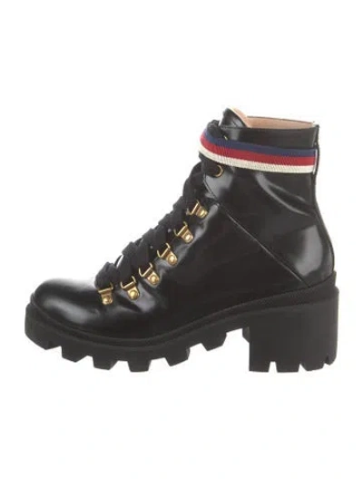 Pre-owned Gucci Sylvie Web Accent Leather Combat Boots In Black