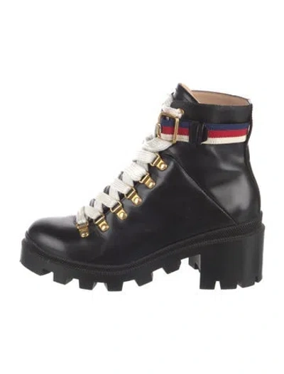 Pre-owned Gucci Sylvie Web Accent Leather Combat Boots In Black