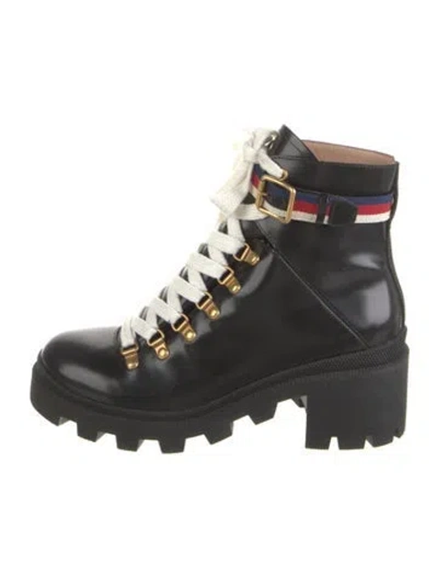 Pre-owned Gucci Sylvie Web Accent Leather Combat Boots In Black