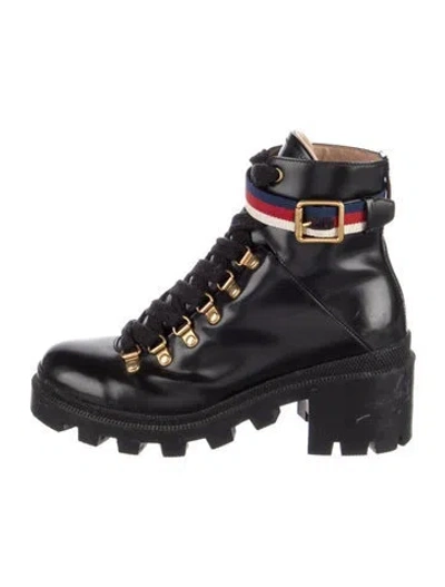 Pre-owned Gucci Sylvie Web Accent Leather Combat Boots In Black